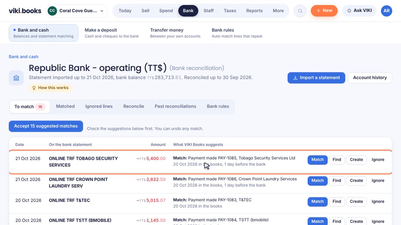 Bank matching: 16 lines to match, 15 suggested matches ready to accept