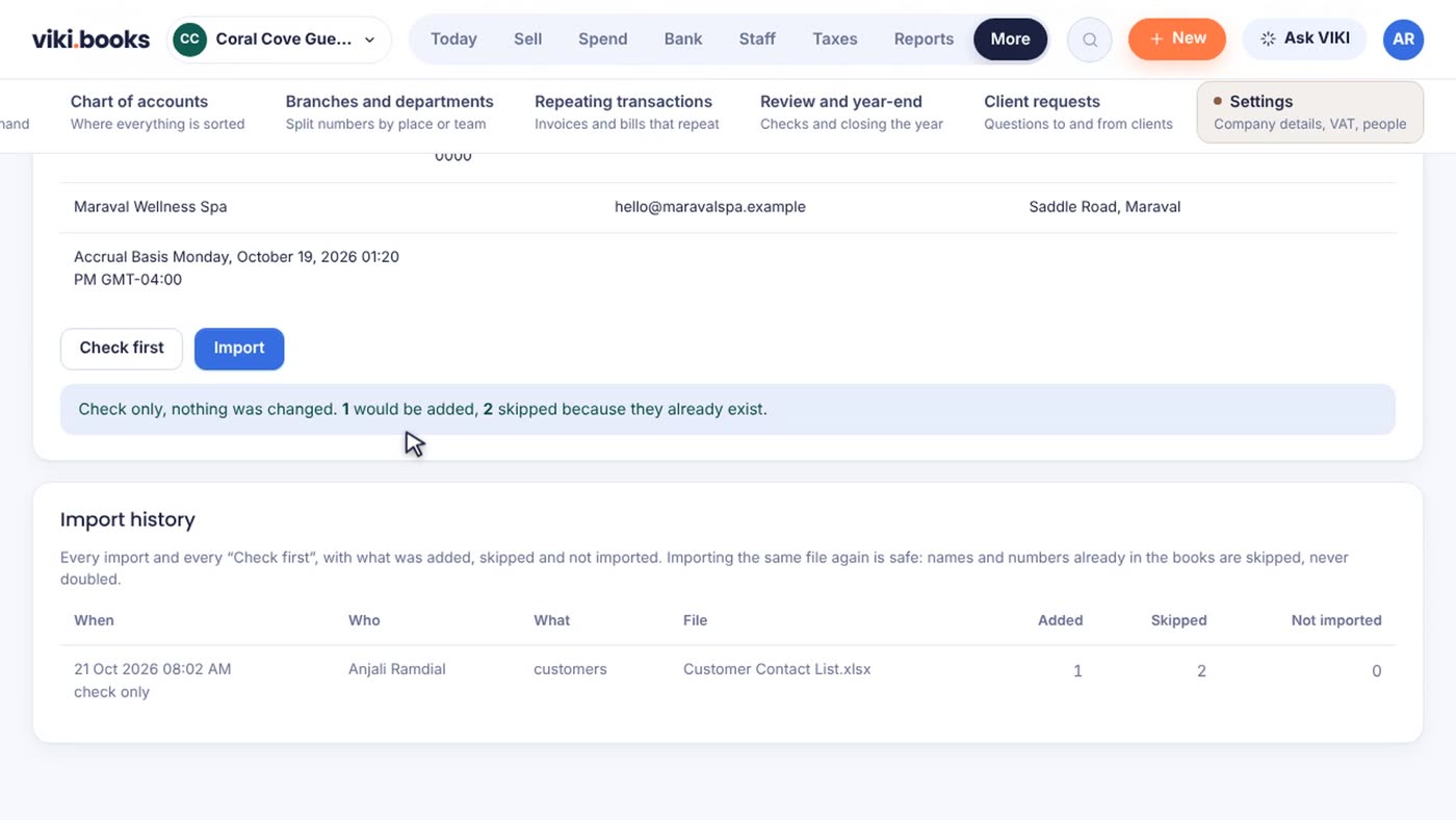 Importing customers: Check first found 1 to add and 2 already there