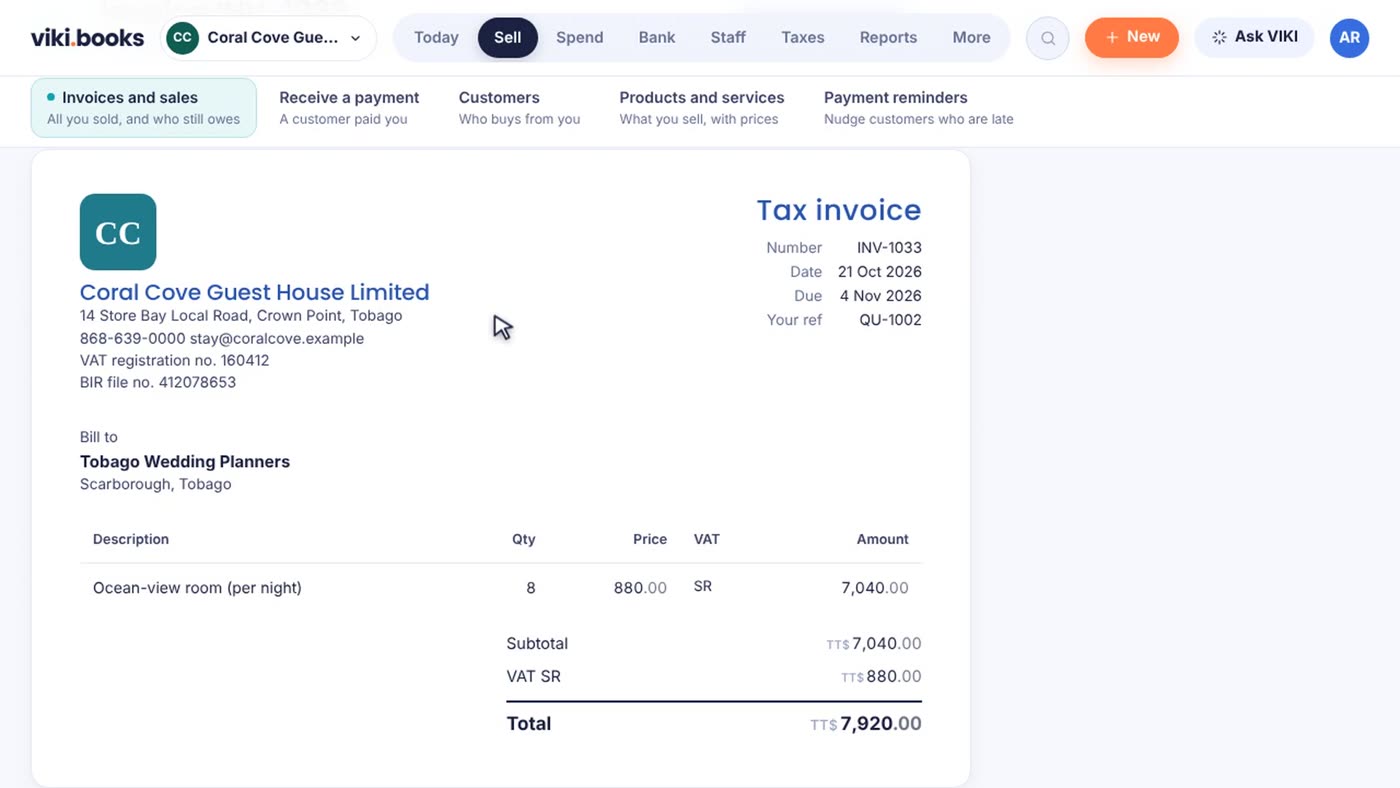 A tax invoice with the company logo, VAT and the total